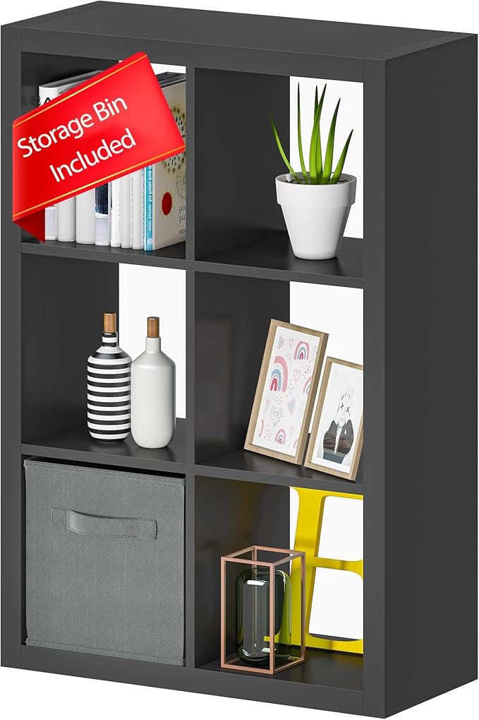 furtble Bookshelf with Storage Bins, 6 Cube Storage Organizer, Modern Wood by furtble