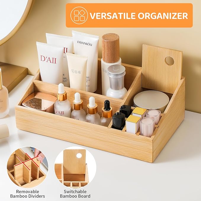 Bamboo Makeup Desk Organizer, Makeup Storage Organization Table Box, Suitable - Image 4