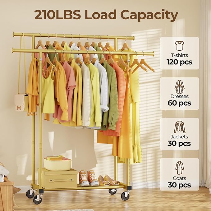 HYSEYY Double Rods Clothes Rack, Sturdy Rolling Clothing Rack, Portable - Image 2
