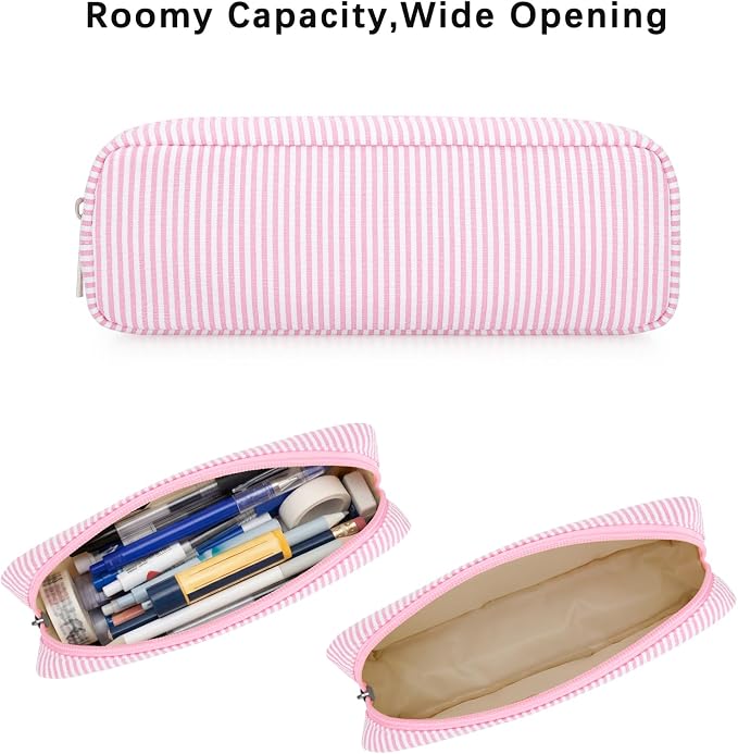 Striped Travel Makeup Brush Bag, Pencil Case and Cosmetic Pouch | Seersucker - Image 3