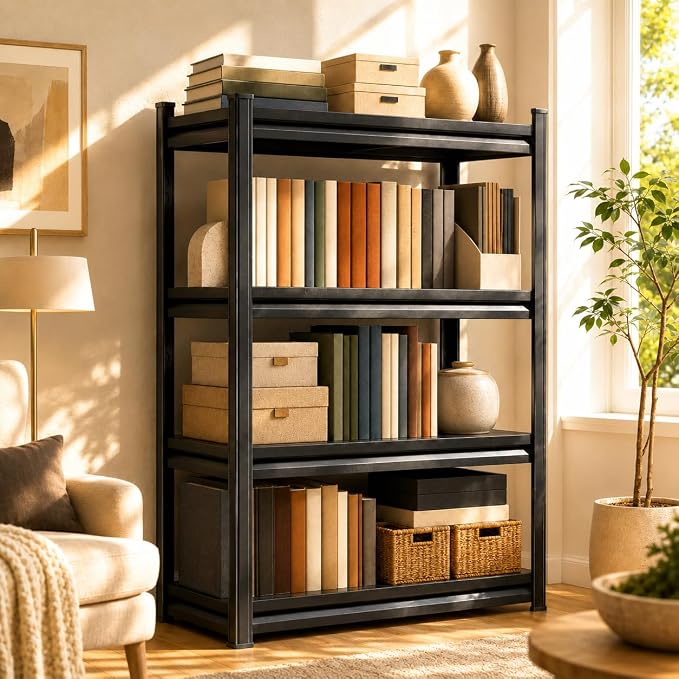 4 Tier Metal Bookshelf, Adjustable Tall Bookcase, Heavy Duty 2400 LBS Modern by BEESTMUEBLE