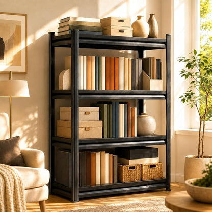 4 Tier Metal Bookshelf, Adjustable Tall Bookcase, Heavy Duty 2400 LBS Modern by BEESTMUEBLE