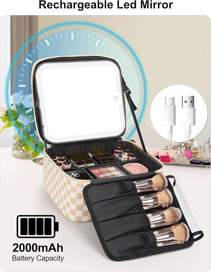 Relavel Travel Makeup Bag With LED Mirror, Cosmetic Train Case with Light up - Image 5