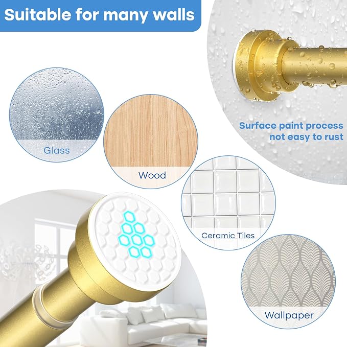 Shower Curtain Rod 45-77 Inch Gold Shower Rod Tension Rod Adjustable Curtain - Image 4