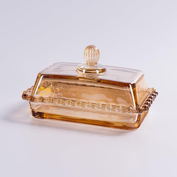 Glass Butter Dish with Lid for Countertop, Champagne Color Crystal Covered by QIANCHANG