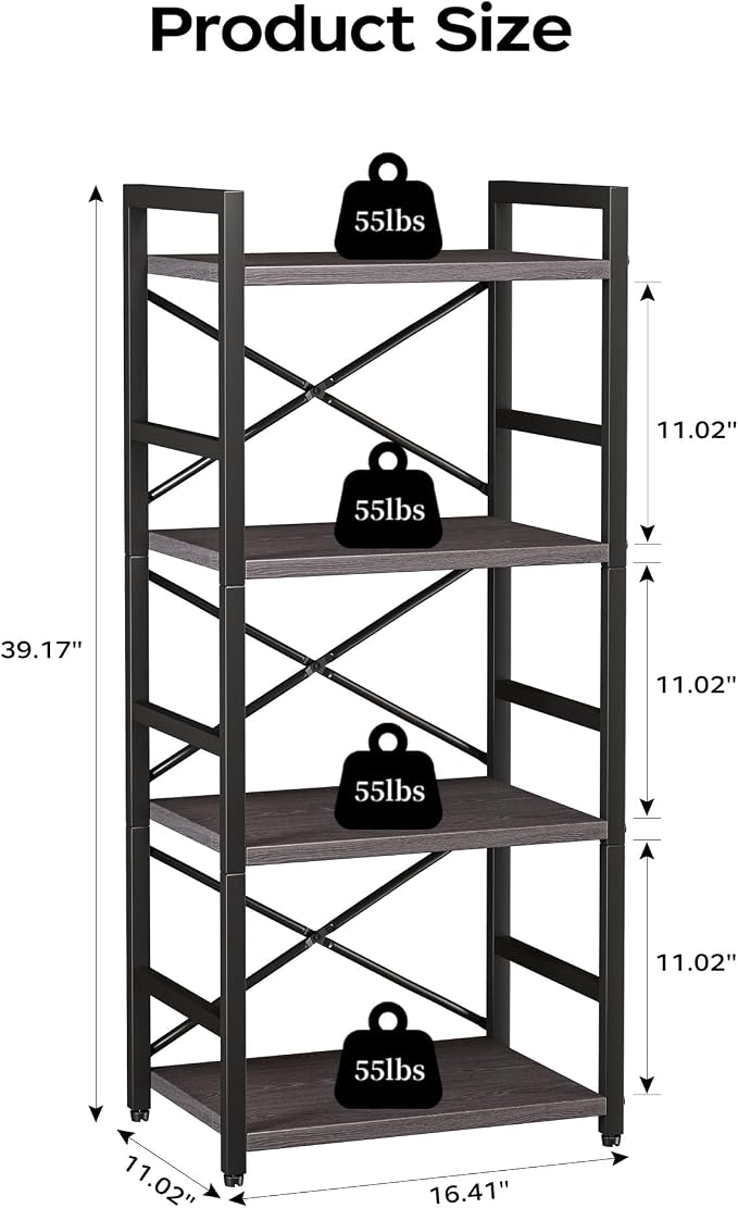 Homeiju Grey Bookshelf, 4 Tier Small Bookcase - Image 3