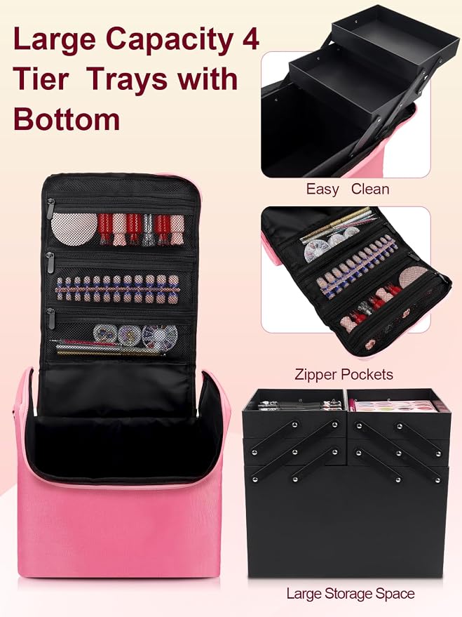 Deciniee Large Pink Makeup Nail Polish Organizer Bag, 4 Tier Professional - Image 3