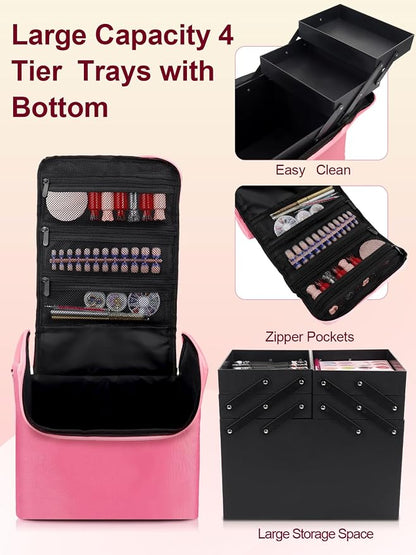 Deciniee Large Pink Makeup Nail Polish Organizer Bag, 4 Tier Professional - Image 3