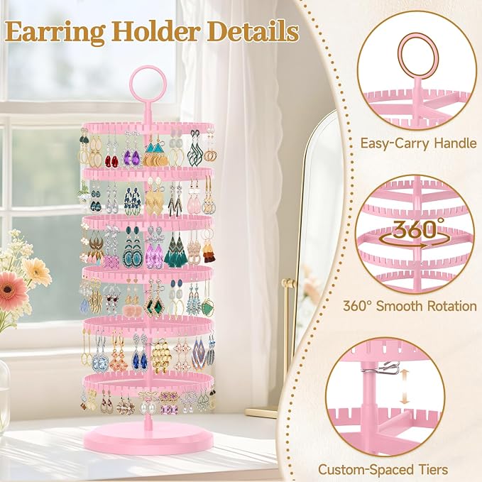 MODOWEY Rotating Earring Holder Organizer Adjustable Display, 6 Tiers Pink | - Image 3