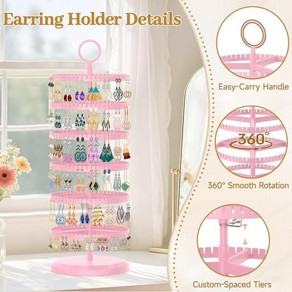 MODOWEY Rotating Earring Holder Organizer Adjustable Display, 6 Tiers Pink | - Image 3