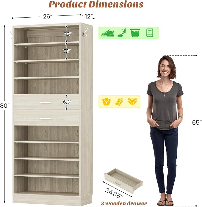 Aheaplus Tall Shoe Cabinet, 10 Tiers Wood Shoe Rack, Vertical Shoe Storage - Image 2