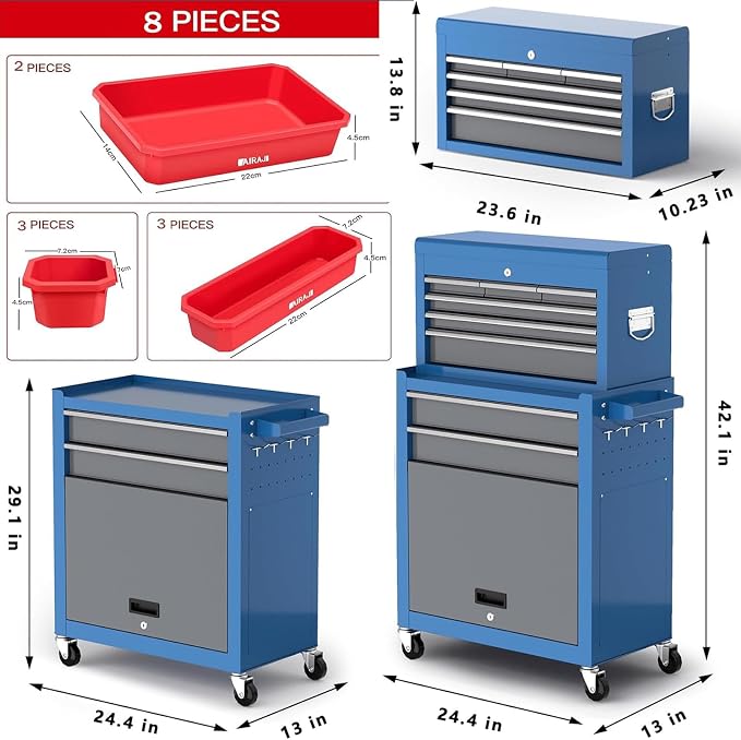 8-Drawer Tool Chest with Wheels, Detachable Top Tool Box, Tool Cabinet with - Image 2