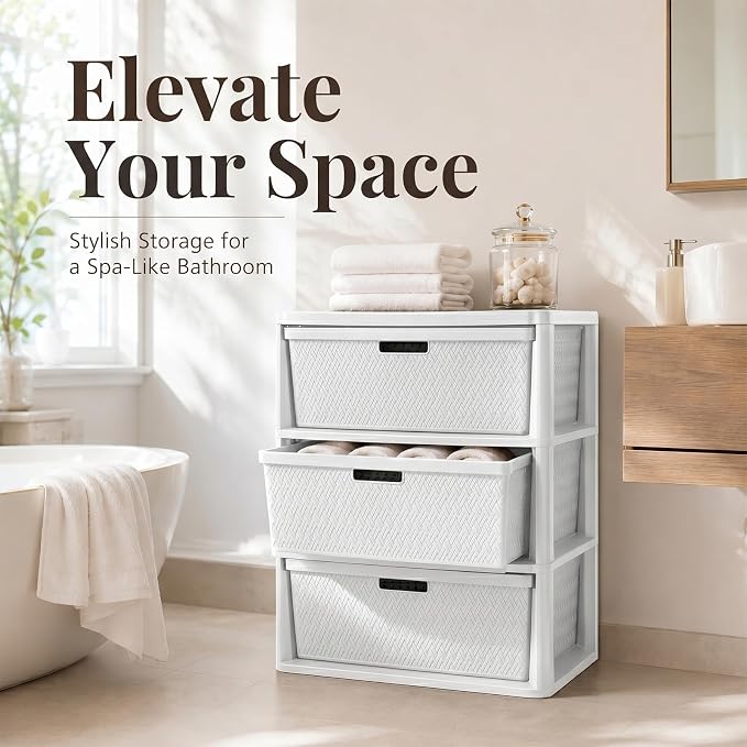 Wide 3-Drawer Plastic Storage Tower, Cross-Weave Floor Cabinet, tool-free - Image 7