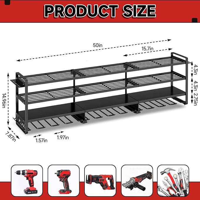 50" W Large Power Tool Organizer Wall Mount, Load 600lbs, 4 Layer Heavy Duty 12 - Image 3