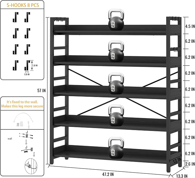 HCHQHS 5 Tier Bookshelf, Adjustable Industrial Bookcase, Vertical Tall Book - Image 3