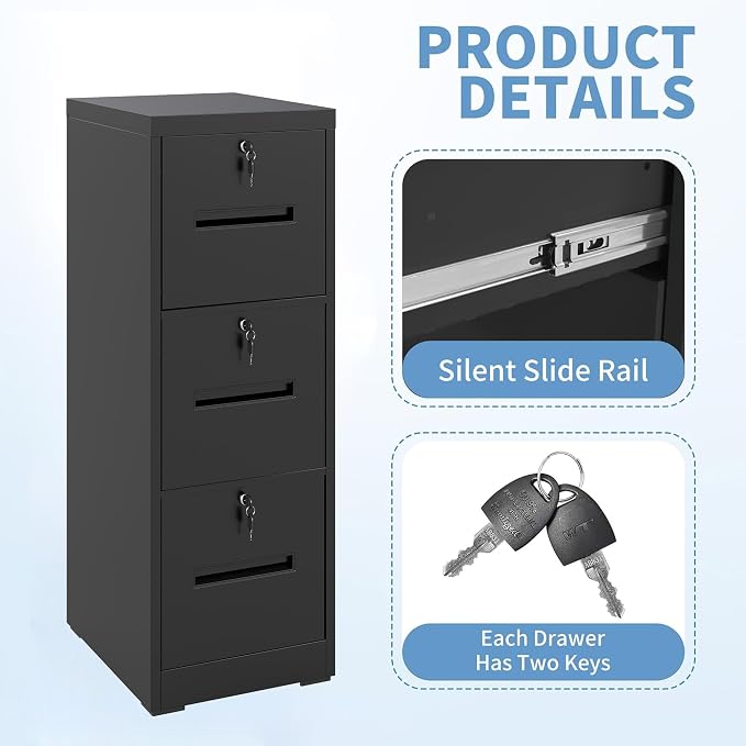 3 Drawer File Cabinet with 3 Locks, Metal Filing Cabinet Heavy Duty Vertical - Image 4