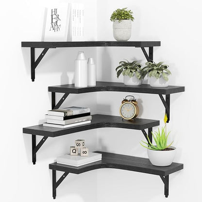 ROMGUAR CRAFT Corner Floating Shelves Wall Mounted Set of 4, Rustic Wood by ROMGUAR+CRAFT