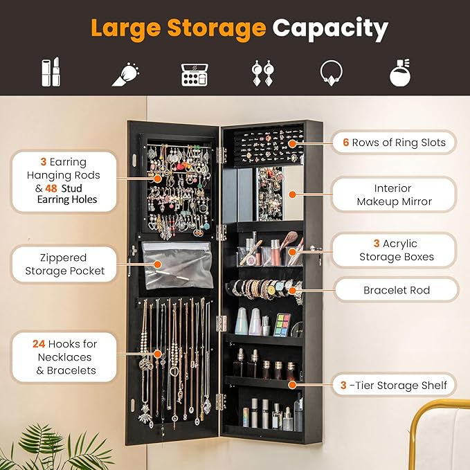 Giantex Jewelry Cabinet Armoire Door Wall Mount, 47.2in Lockable Touch Screen - Image 3