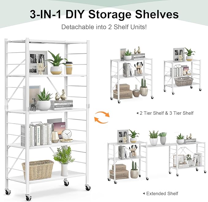 Himix 5 Tier Foldable Storage Shelves, Expandable Folding Pantry Shelf - Image 3