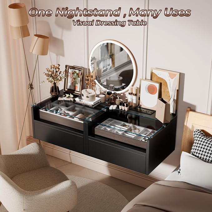 Loomie Black Floating Nightstands Set of 2, 18.9” Bedside Table w/Charging - Image 5