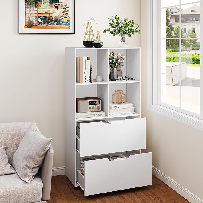 Giantex Bookshelf with 4 Cubes & 2 Drawers, 51” Tall Floor Bookcase with - Image 8