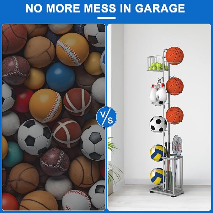 7 Tier Ball Storage Rack, Basketball Holder, Garage Sports Equipment Organizer - Image 3