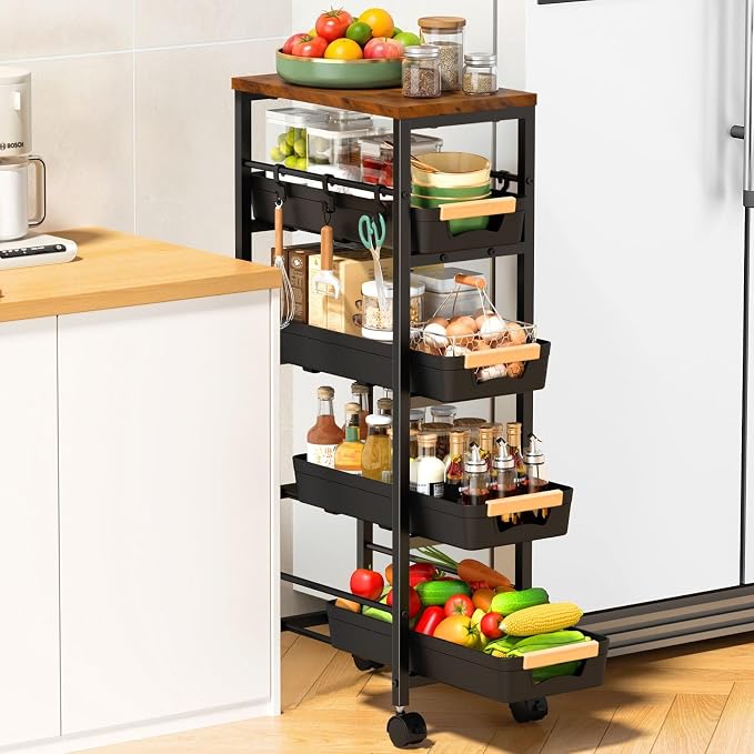 SUNALLY Slim Storage Cart with Wheels, Narrow Kitchen Rolling Cart, Storage by SUNALLY