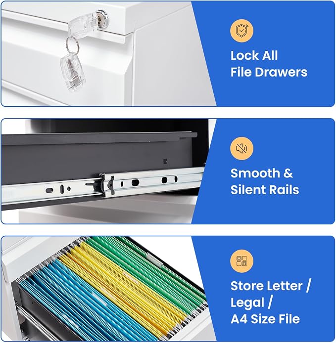 MIIIKO White Filing Cabinet 3 Drawers on Wheels Under Desk, Metal Rolling File - Image 8