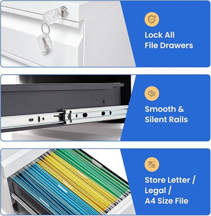 MIIIKO White Filing Cabinet 3 Drawers on Wheels Under Desk, Metal Rolling File - Image 8