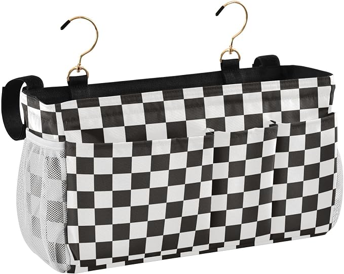 Checkered Black Bedside Caddy for Dorm Bed Bedside Hanging Caddy Bag Iron Frame - Image 2