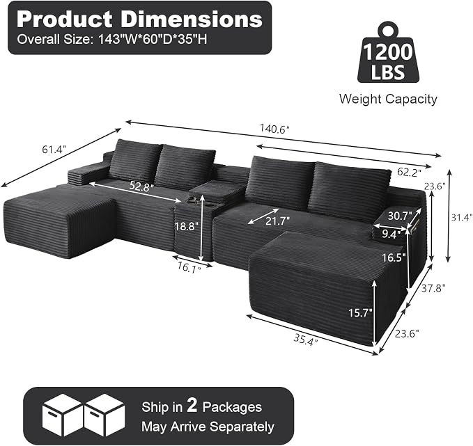 GNIXUU 140.6" Oversized U Shaped Boneless Sectional Couches - Image 2