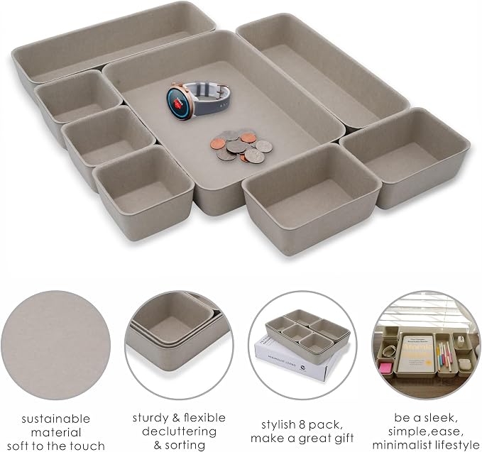Welaxy Minimalist Felt Desk Drawer Organizer Tray 8pc Stone Storage Bins - Image 4