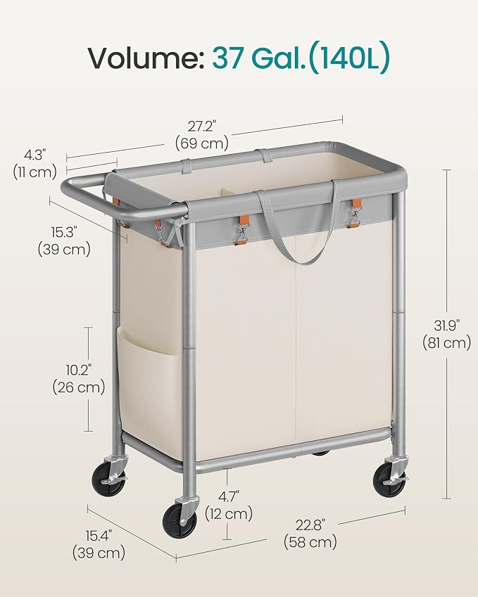 SONGMICS Laundry Basket with Wheels, 2-Section Rolling Laundry Hamper, 37 - Image 5