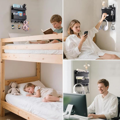 Bedside Wall Shelf with Glasses Hooks ，Adhesive Bedside Organizer Wall Mount - Image 6