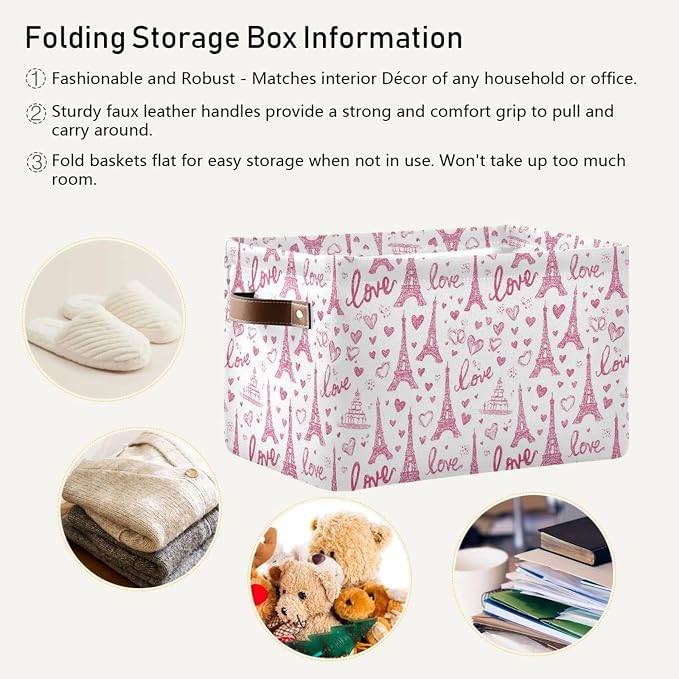 Rectangular Storage Bins Box Pink Paris Eiffel Tower Foldable Shelf Basket - Image 5