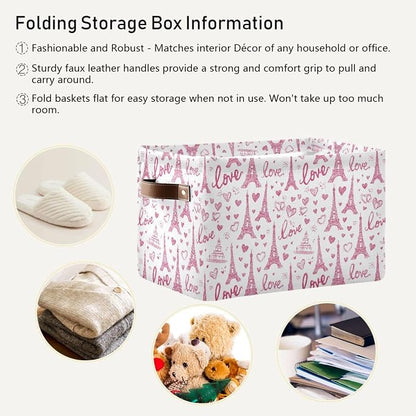 Rectangular Storage Bins Box Pink Paris Eiffel Tower Foldable Shelf Basket - Image 5