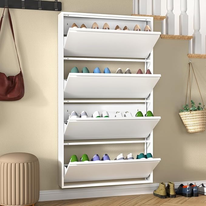 Metal Shoe Cabinet with 4 Flip Drawers, Slim Wall Mounted, Hallway and Mudroom by TEEALUBAN