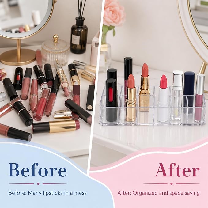 2 Rows Transparent Lipstick Holder, 12-Slot Acrylic Lipstick Organizer Case - Image 4