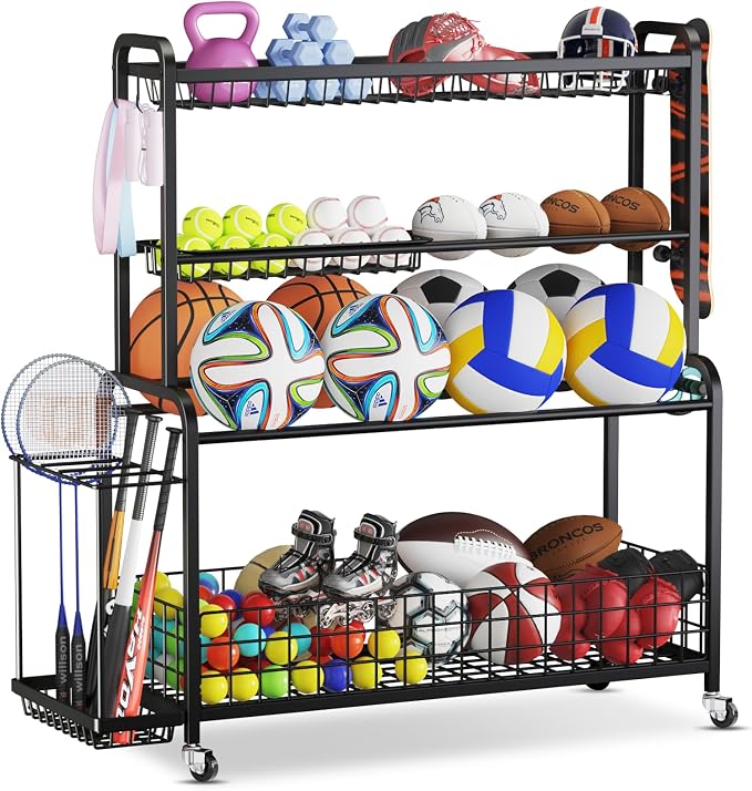 VOPEAK Oversized Sports Equipment Organizer, 4 Layers Rolling Ball Storage Rack by VOPEAK