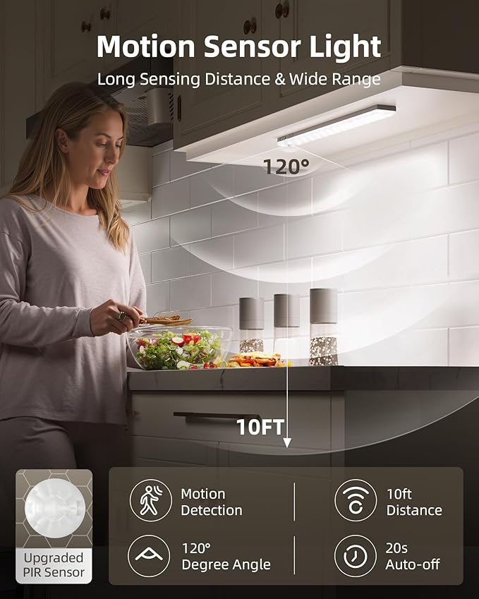 EZVALO 3-Pack Under Cabinet Lighting, 2000mAh Rechargeable Wireless Motion - Image 2
