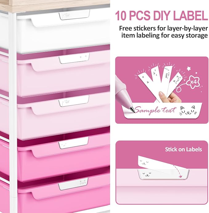 10 Drawers Rolling Cart with Wooden Tabletop, Utility Storage Cart with Wheels - Image 8