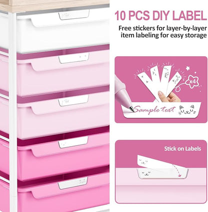 10 Drawers Rolling Cart with Wooden Tabletop, Utility Storage Cart with Wheels - Image 8