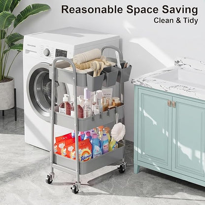 3 Tier Gray Metal Rolling Cart, Mesh Storage Cart - Image 2