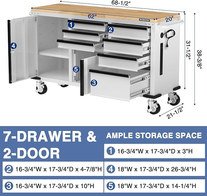 WORKPRO 62" Rolling Tool Chest, Heavy Duty Mobile Tool Storage Cabinet - Image 3