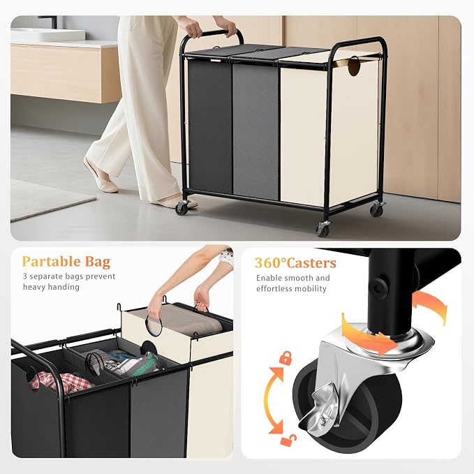 180L Laundry Sorter 3 Section, Rolling Laundry Basket - Image 3