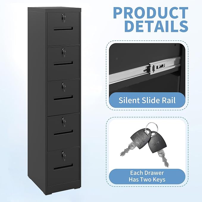 5 Drawer File Cabinet with 5 Locks, Metal Filing Cabinet Heavy Duty Vertical - Image 4