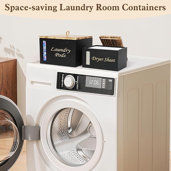 2 Pcs Wood Laundry Pods Container & Dryer Sheet Holder, Solid Pine Laundry - Image 2