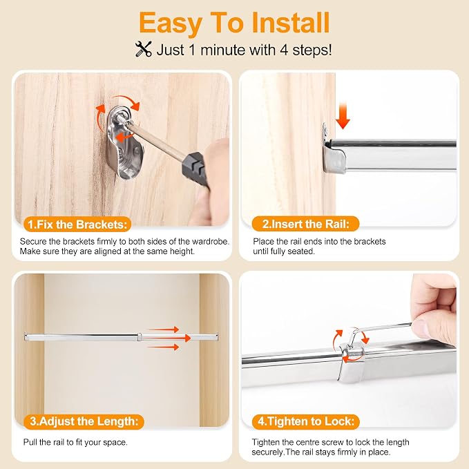Closet Rods for Hanging Clothes, 24 to 47 Inches Stepless Extendable Stainless - Image 6