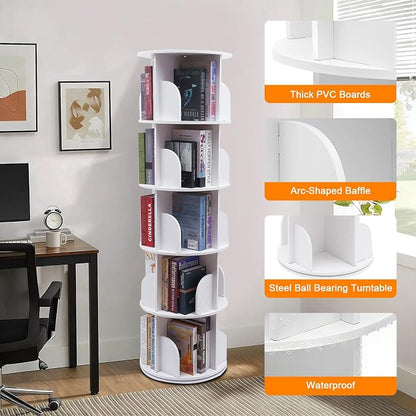 5 Tier Rotating Bookshelf Tower, 360°Spinning Bookshelf Tower, Round Revolving - Image 5