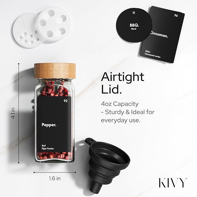KIVY Spice Jars with Labels Glass Seasoning Containers with Airtight Lids - Image 2